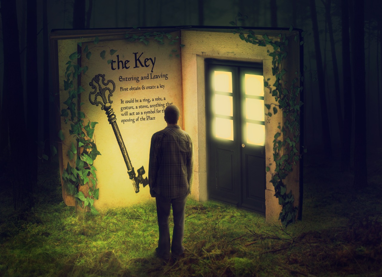 A man standing before an illuminated door in a dark forest with a large glowing key above, suggesting a mystical or metaphorical threshold.