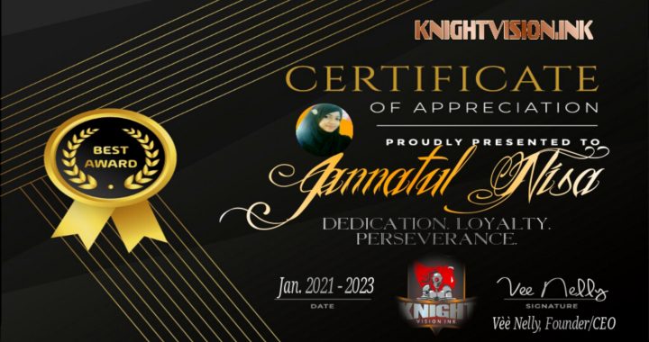 The image displays a stylized black and gold certificate of appreciation awarded to someone named Agnieszka Niesa for dedication, loyalty, and perseverance, dated January 2021 - 2023.
