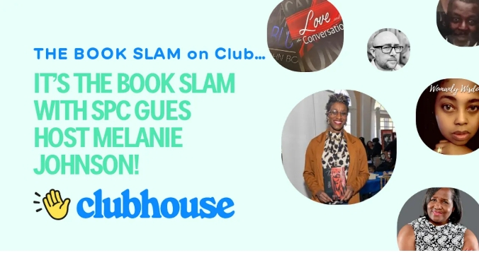 The image is a promotional banner for THE BOOK SLAM on Clubhouse featuring a host named Melanie Johnson and photographs of other guests.