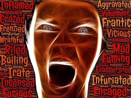 The image shows a stylized, abstract representation of a person screaming with words like infuriated and enraged in the background, conveying intense anger or rage.