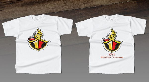 Two white t-shirts with a knight helmet logo and KVI NETWORK CREATIONS text on a wooden background.