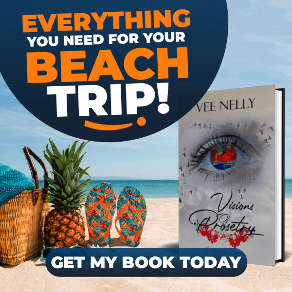 An advertisement for a beach trip featuring a book, with a pineapple, beach bag, and ocean backdrop, highlighting a promotional call to action.