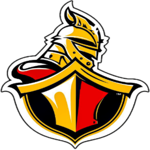 The image displays a stylized knight helmet and shield with a bold 'V' in the center, using a color scheme of red, gold, black, and white.