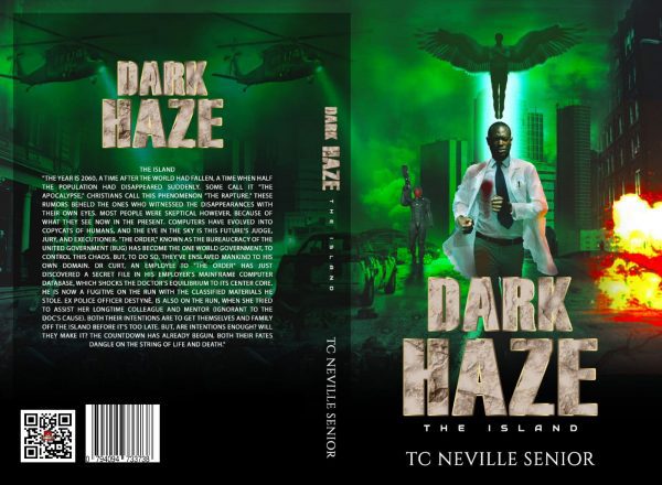 A book cover with a dark and mysterious forest theme featuring the title Dark Haze – The Island by TC Neville Senior.