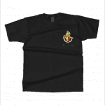 A black t-shirt with a colorful emblem on the chest area.