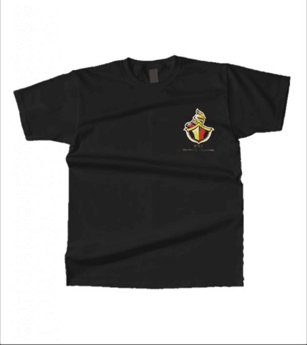 A black t-shirt with a colorful emblem on the chest area.