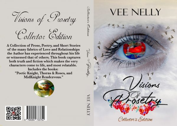 The image is a book cover with an eye and a title, Visions of Poetry Collector Edition by Vee Nelly, along with descriptive text and a barcode.