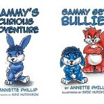 Two children's book covers featuring a blue rabbit, one titled Sammy's Curious Adventure and the other Sammy Gets Bullied, both by Annette Phillip.