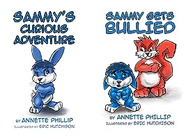 Two children's book covers featuring a blue rabbit, one titled Sammy's Curious Adventure and the other Sammy Gets Bullied, both by Annette Phillip.