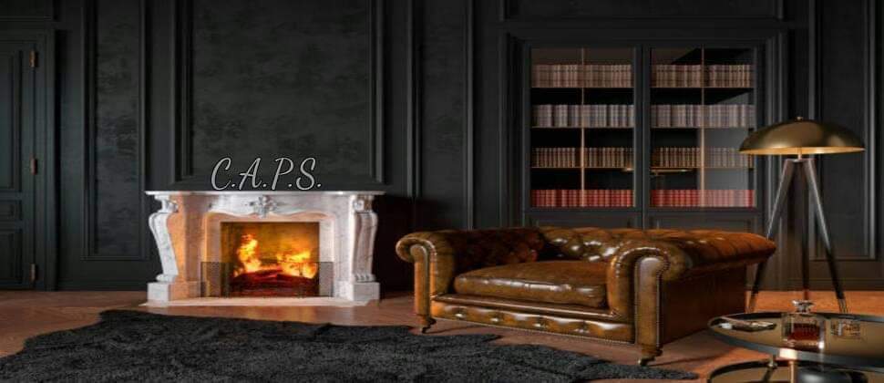A cozy room with a lit fireplace, leather sofa, bookcases, and a floor lamp, evoking a luxurious and warm atmosphere.