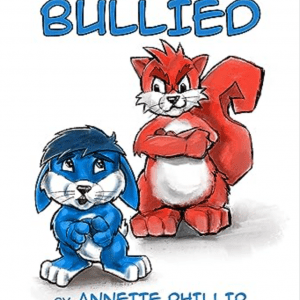 The image displays a book cover with the title Sammy Gets Bullied featuring illustrations of two anthropomorphic animals, one blue and one red.