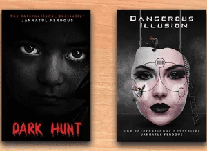 Two thriller novels titled Dark Hunt and Dangerous Illusion with intense and mysterious facial imagery on their covers are placed on a wooden surface.