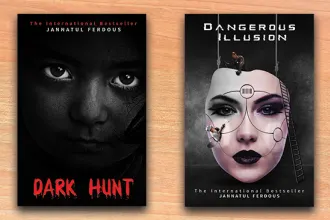 Two thriller novels titled Dark Hunt and Dangerous Illusion with intense and mysterious facial imagery on their covers are placed on a wooden surface.