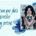 The image shows an advertisement offering to turn photographs into watercolor painting portraits, featuring an example portrait of a person hugging a dog.