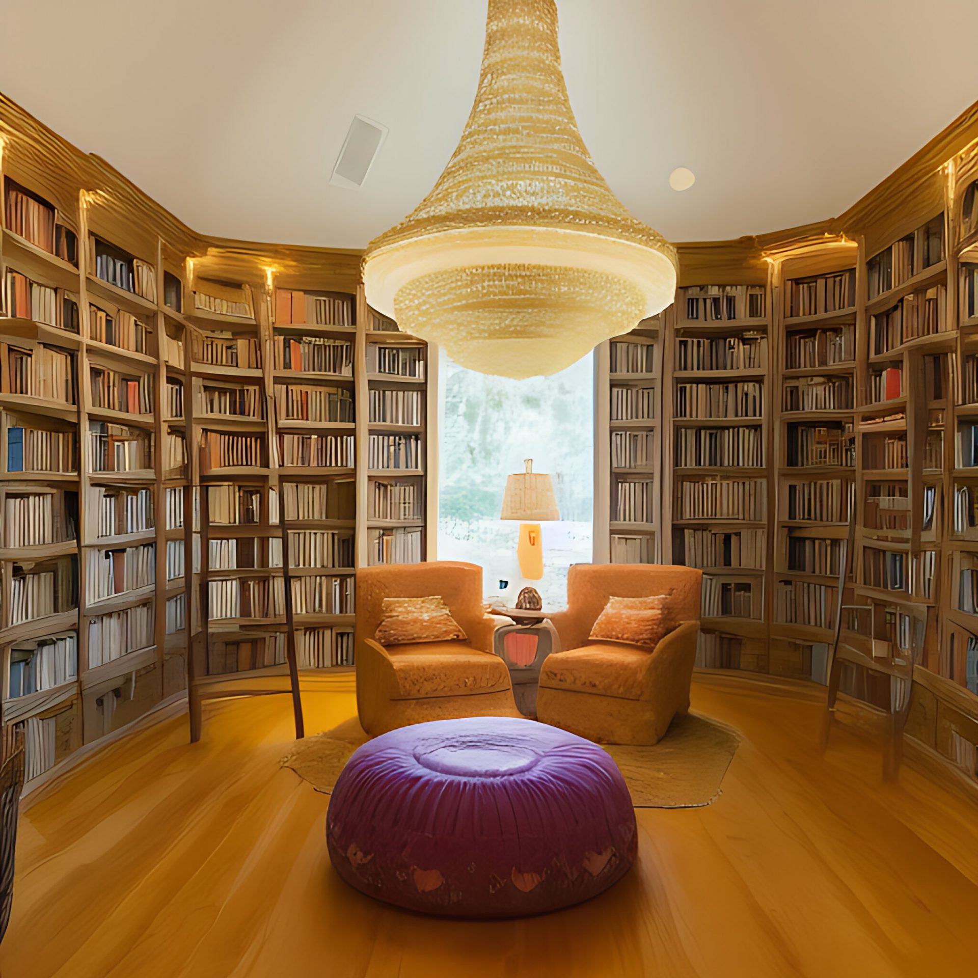 A cozy home library with floor-to-ceiling bookshelves, warm lighting, comfortable seating, and an oversized chandelier.
