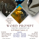 The image is a promotional poster for a poetry contest with entry details, prizes, and contact information displayed.